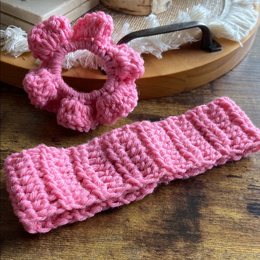 Pink Handmade Crochet Headband And Scrunchie Set